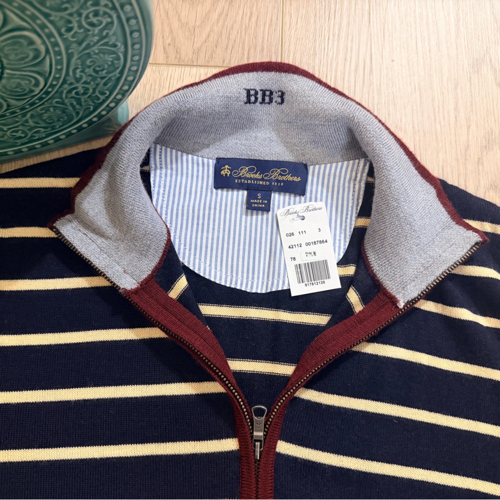 Brooks Brothers Men's Zip-Up Sweater - Navy and Cream Stripes Size S NWT - Picture 5 of 6